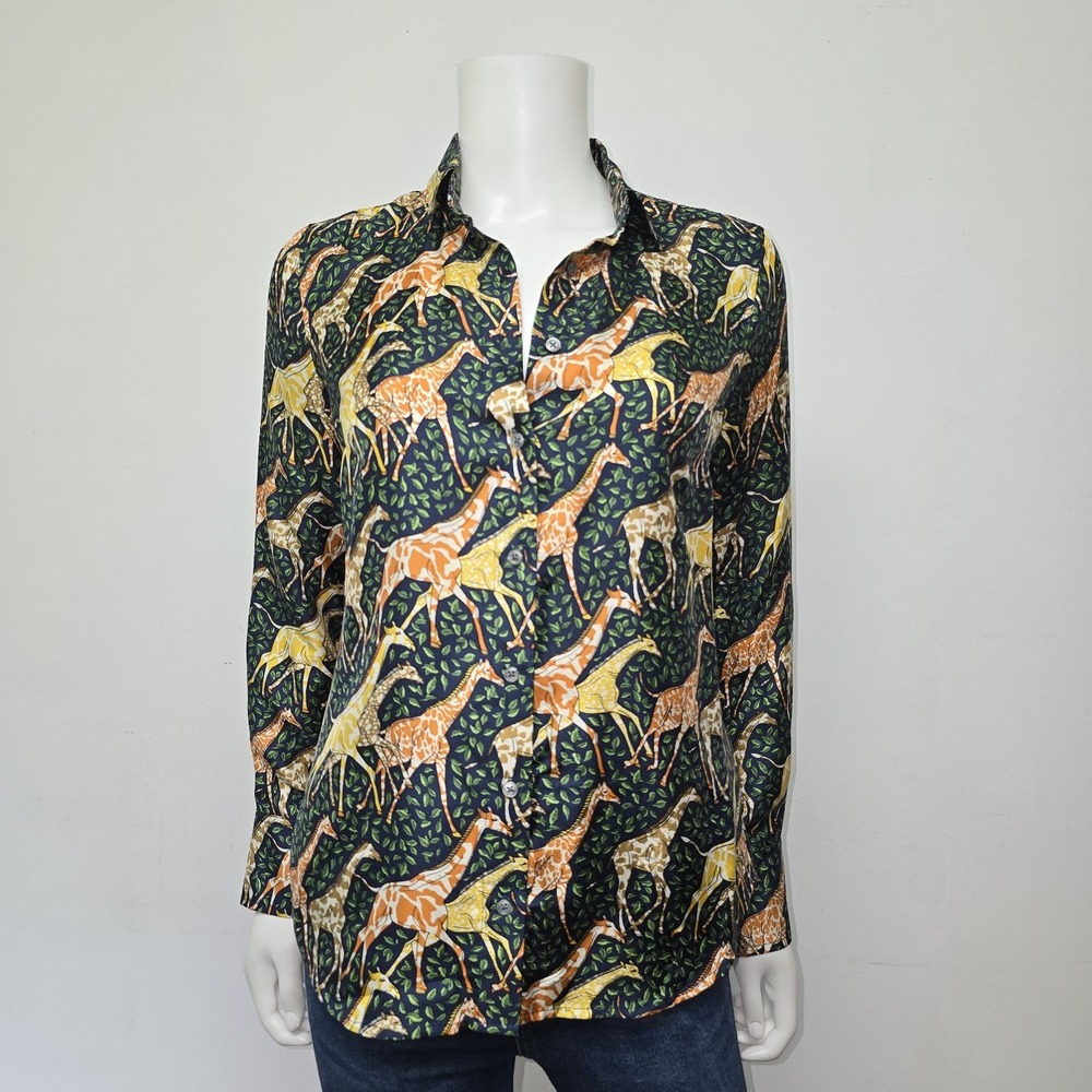 J Crew Collection Silk Twill Shirt Giraffe Print Size 0 Long Sleeve Button Down